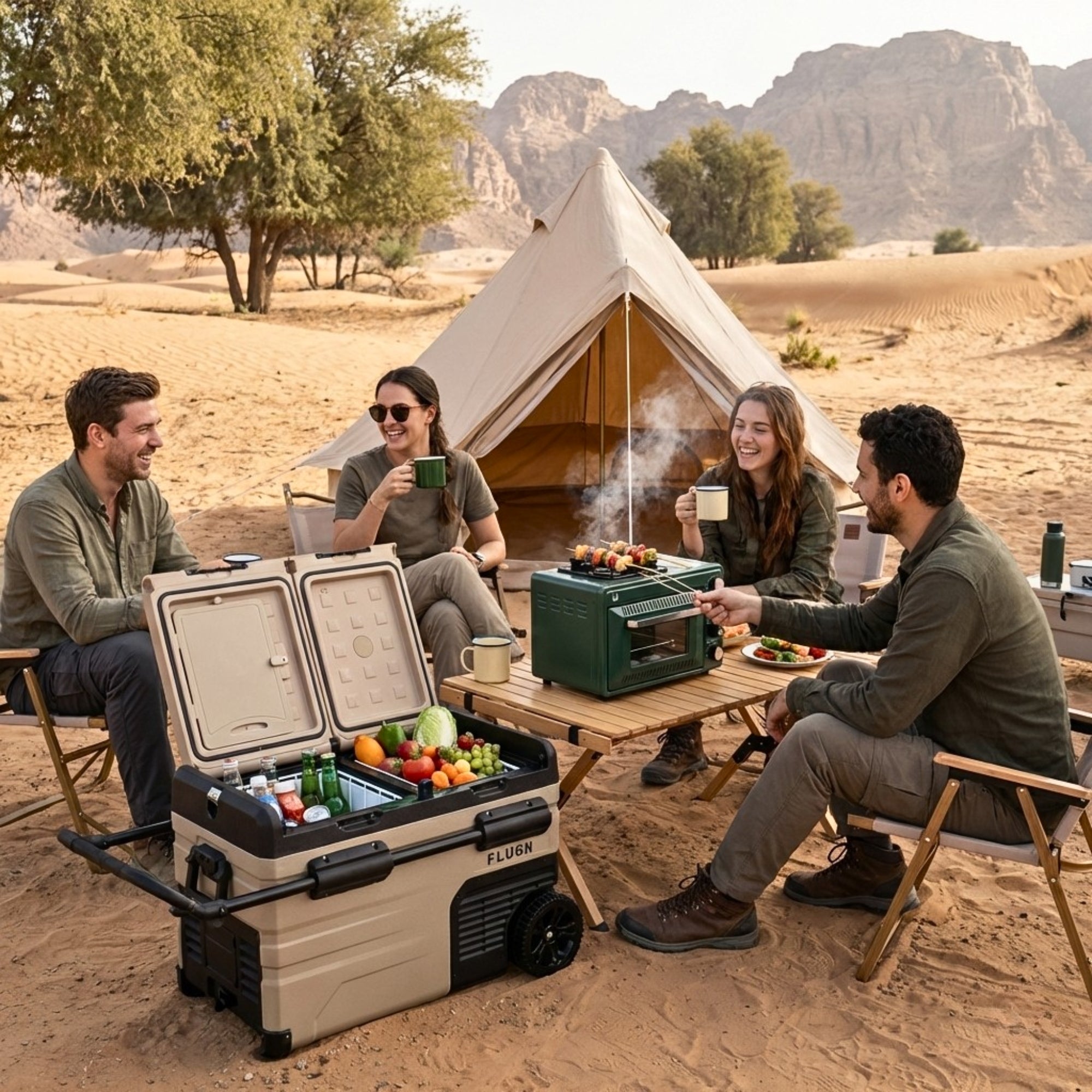 Friends enjoying a desert camping trip with a FLUGN portable oven and fridge placed on the sand near their camp setup.