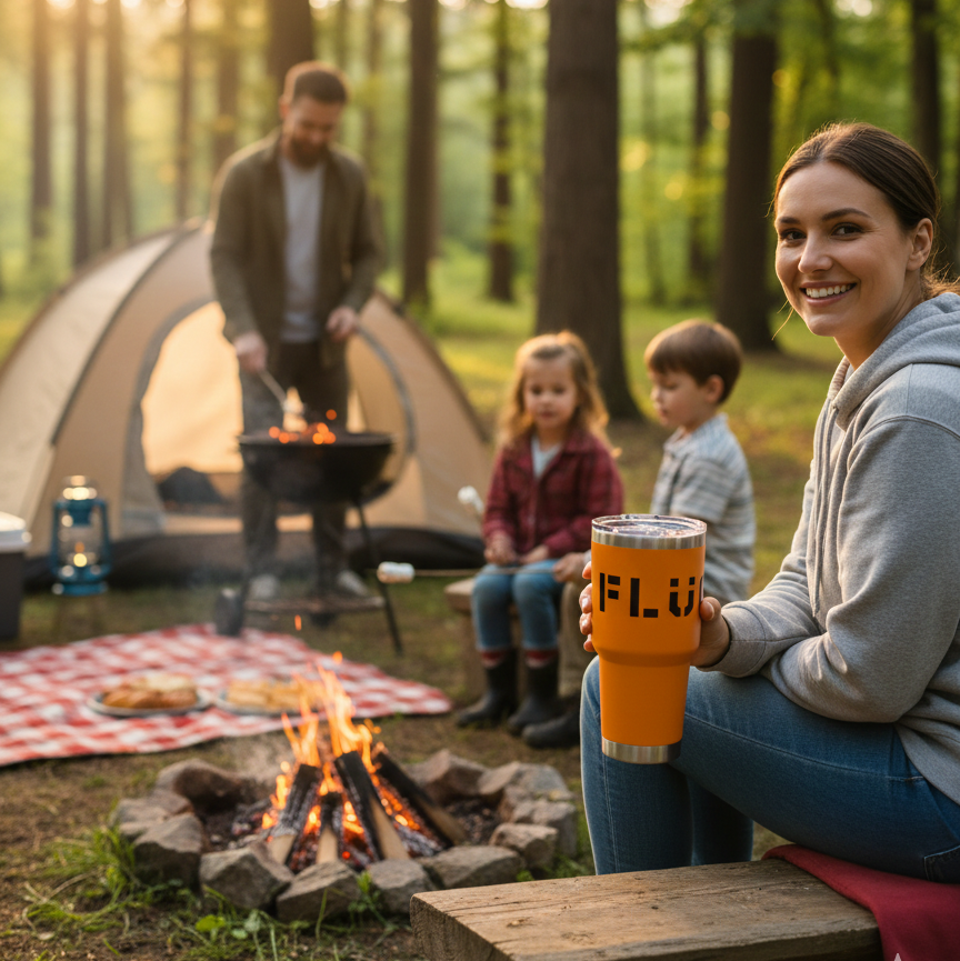 Family sitting at a campsite with children enjoying the father’s cooking, while the mother drinks hot coffee from a FLUGN orange mug.