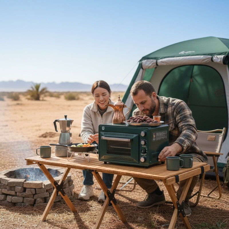Couple at a campsite enjoying cooking on the portable stove/oven.