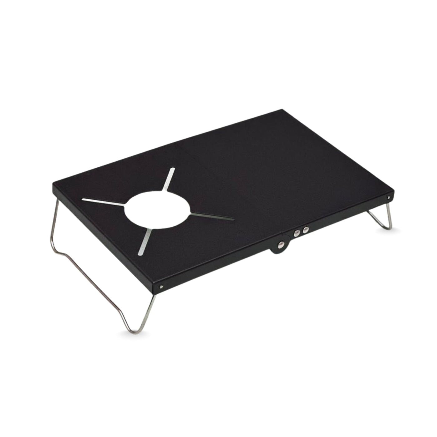 Black portable stove with metal legs on a white background
