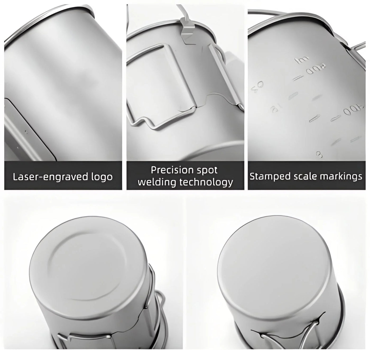 Close-up details of a metallic container with laser-engraved logo, precision spot welding technology, and stamped scale markings.