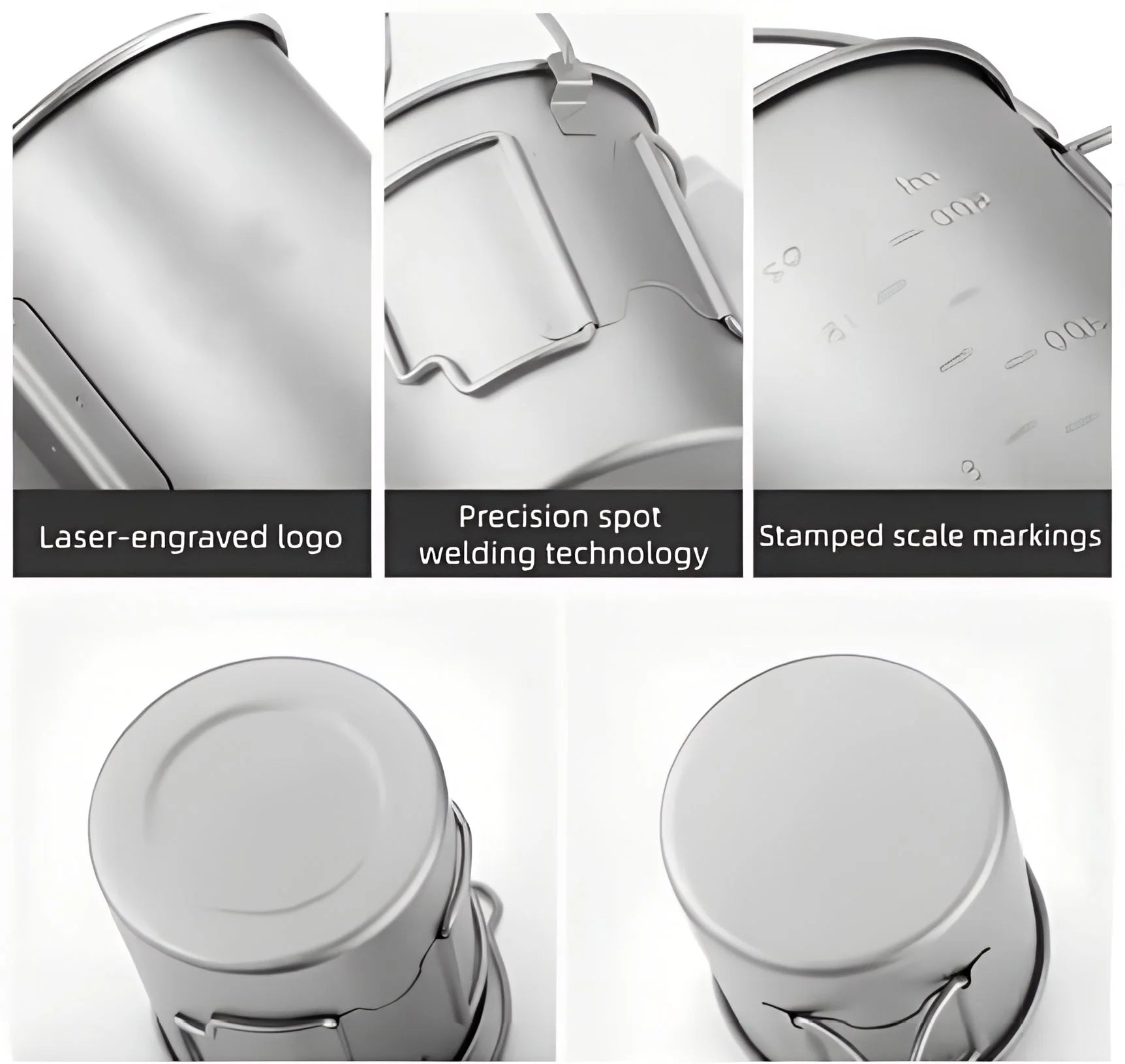 Close-up details of a metallic container with laser-engraved logo, precision spot welding technology, and stamped scale markings.