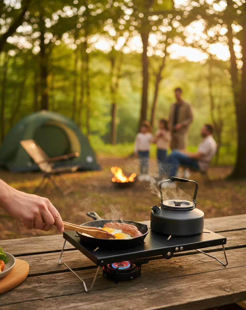 Camping scene with a portable stove on a wooden table, cooking outdoors.