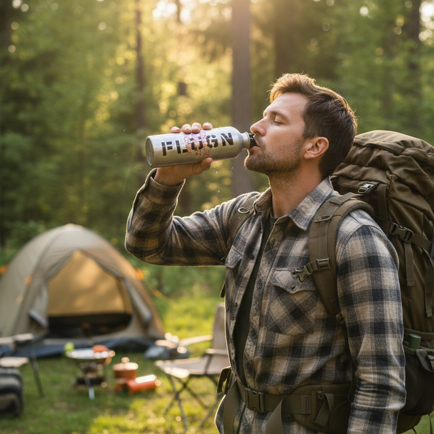 Person holding single walled sports water bottle during camping