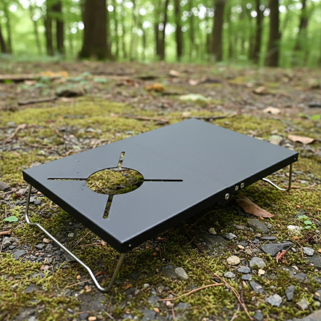 Portable stove on a forest floor with trees in the background