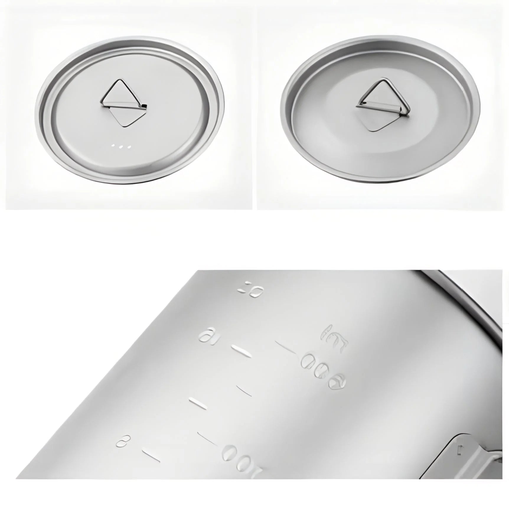 Two metal lids with symbols and a measuring lid on a white background